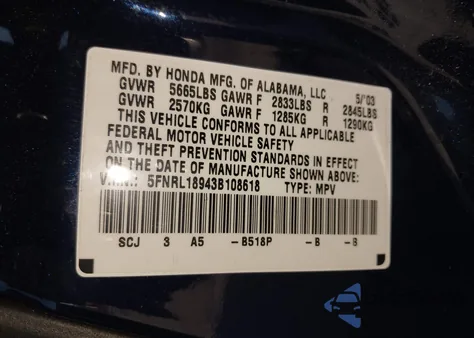 2003 Honda Odyssey Ex-L z USA, uszkodzony, nr VIN 5FNRL18943B108618